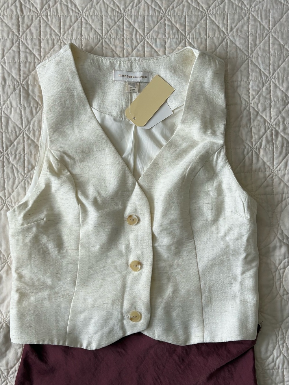 Monteau Cream Button-Front Linen-Blend Vest Bodysuit